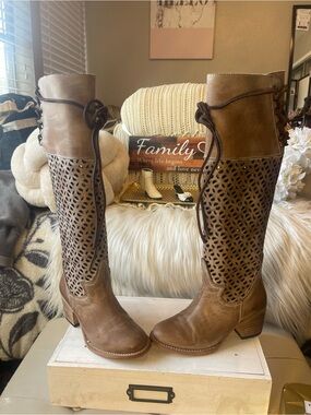 Freebird “Creek” EUC Perforated Laser Cut Knee-High Boots in Taupe MSRP$395